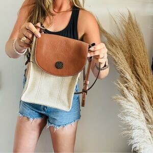 VINTAGE Brown Leather White Woven Crossbody Zip Pocket Snap Top Flap Purse Bag